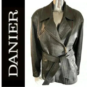 Danier Leather Coat Motorcycle Jacket Black Leather Belted Coat Small